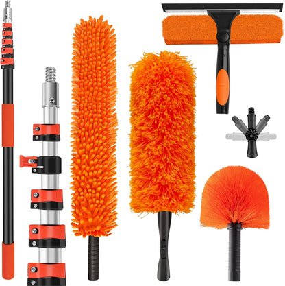 26FT High Reach Duster Cleaning Kit with 5-20 FT Extension Pole,High Ceiling Dusting and Window Cleaning Kit with Microfiber Feather Duster,Cobweb Duster,Ceiling Fan Duster,Window Squeegee Cleaner