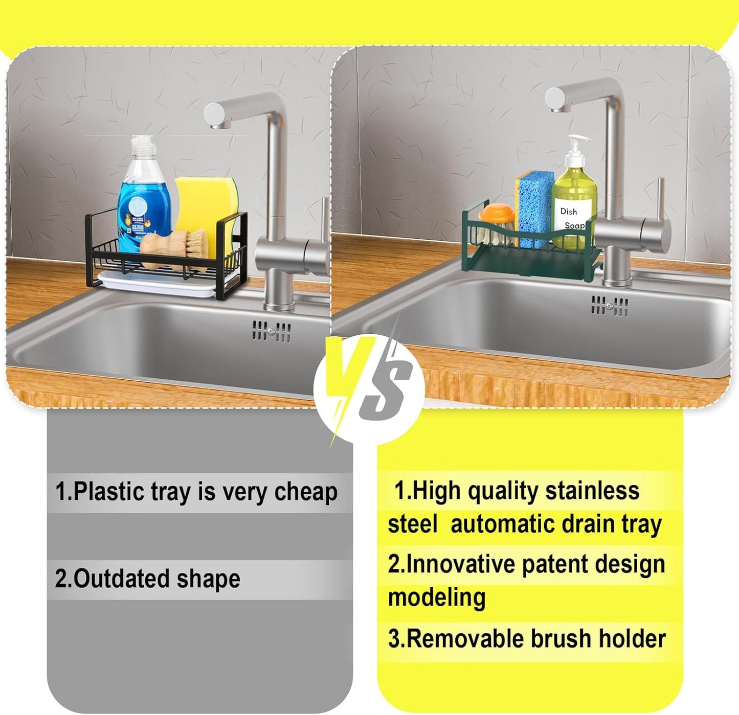 Maifan Stainless Steel Kitchen Sink Caddy Organizer with Auto Drain Tray, Sponge Holder for Countertop Storage Dark green