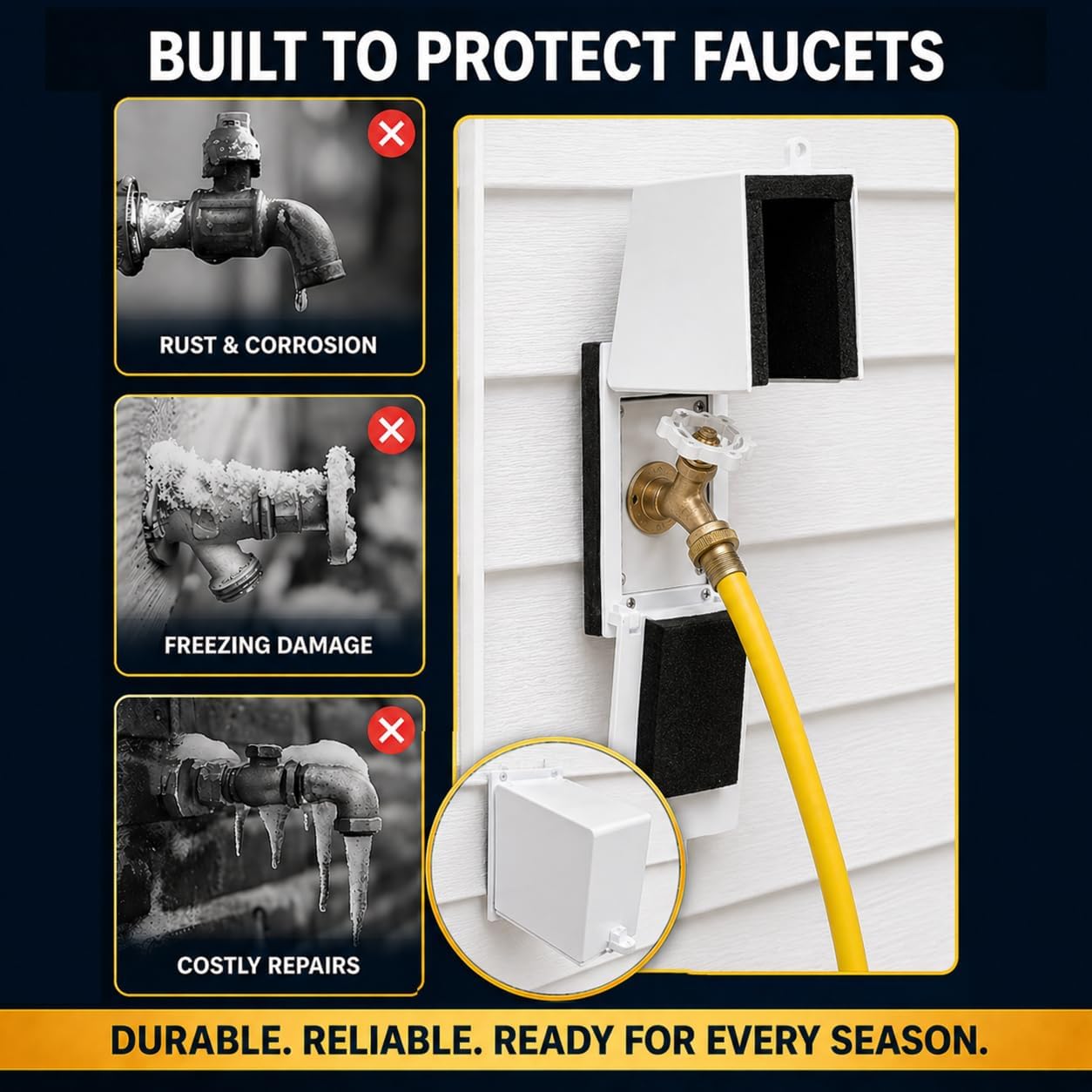 The Hawk Permanent Faucet Cover - All-Season Hard Shell, Foam Rubber Insulated Spigot Protector for Any Building Material, Fits Standard 1/2 & 3/4-Inch Hose Bibs, Includes Mounting Hardware