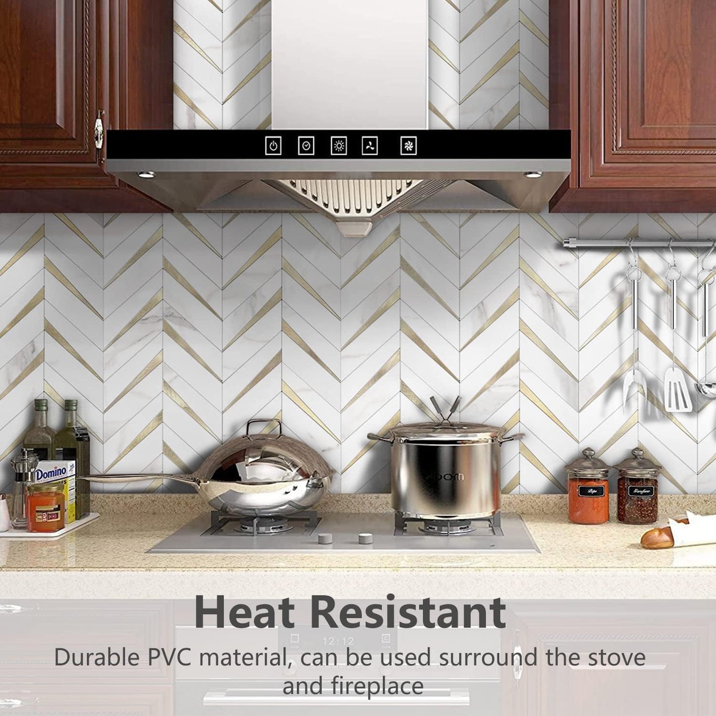 STICKGOO 10-Sheet Herringbone Tile Peel and Stick Backsplash, Beige Mixed Metal Gold PVC Stick on Backsplash, Self Adhesive Wall Tile for Kitchen and Bathroom