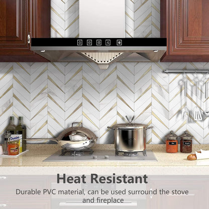 STICKGOO 10-Sheet Herringbone Tile Peel and Stick Backsplash, Beige Mixed Metal Gold PVC Stick on Backsplash, Self Adhesive Wall Tile for Kitchen and Bathroom