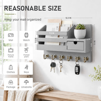FifthQuarter Key Holder Wall Mount: Key and Mail Holder for Wall with 6 Hooks and Storage Drawer, Easy Installation Key Rack for Entryway Home Decor (A-White)