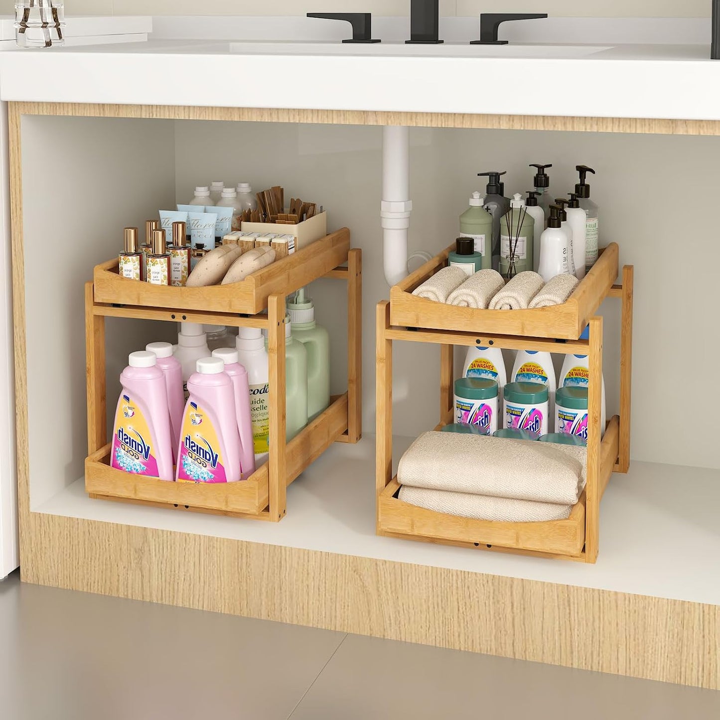Bamboo Under Sink Organizer and Storage, 2 Pack Pull Out Cabinet Organization, 2 Tier Vertical Slide Out Undersink Storage Shelf, Multi-Purpose Organizer Shelves for Kitchen Bathroom Medicine