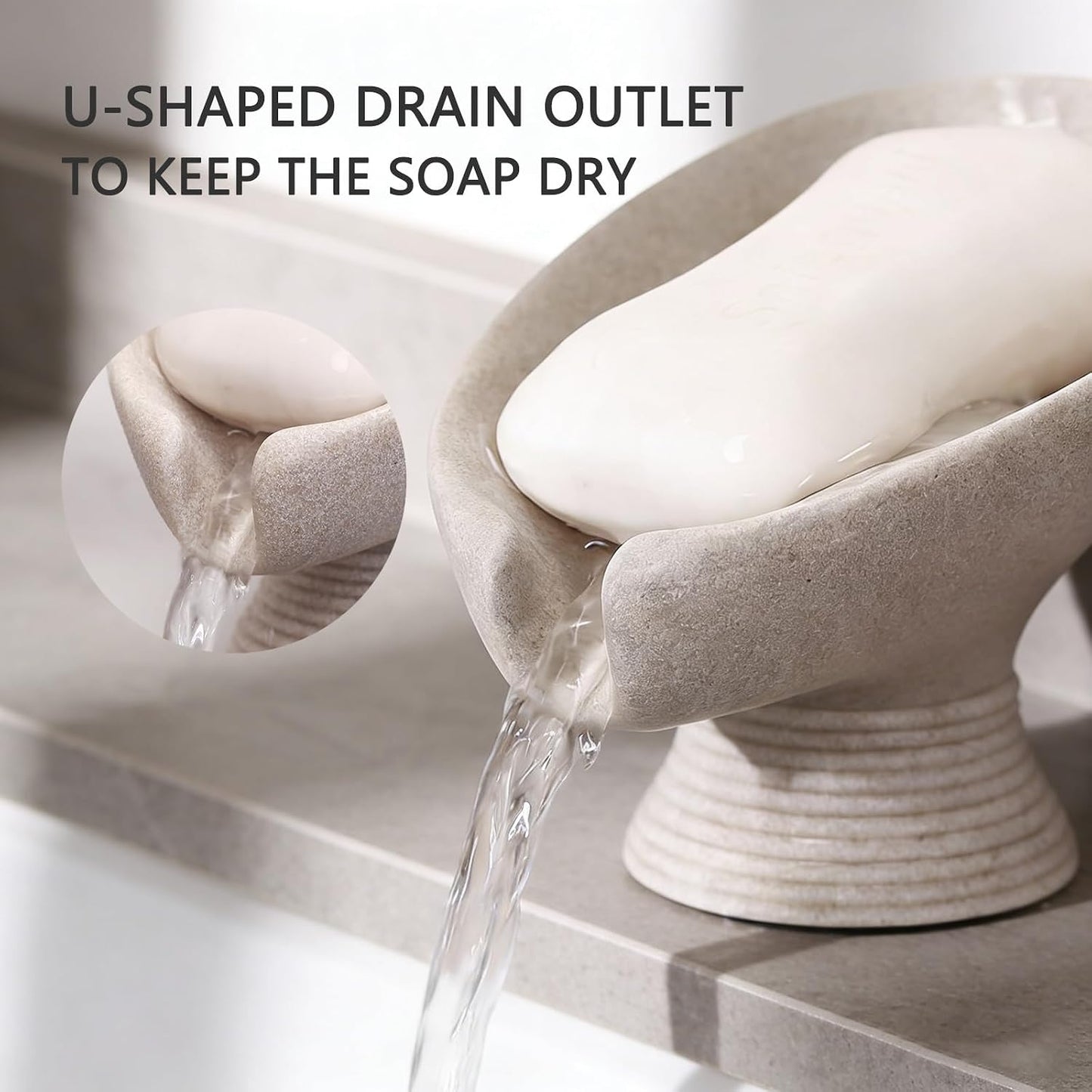 Self Draining Soap Dish with Suction Cup, Leaf Shaped Resin Soap Holder for Bathroom, Shower, Sink & Kitchen (Beige)