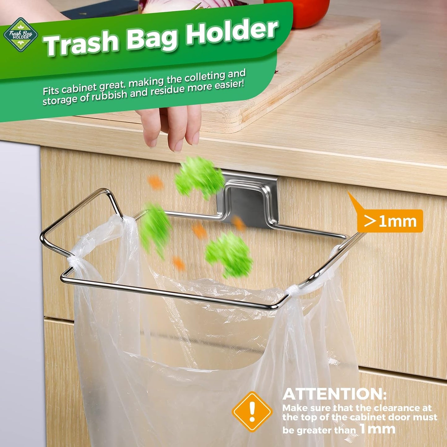Trash Bag Holder,2 Pack | for Cabinet Door and Cupboards,Stainless Steel,Black,Plastic Bag Holder under Sink,Use for Kitchen,Bathroom,Camper