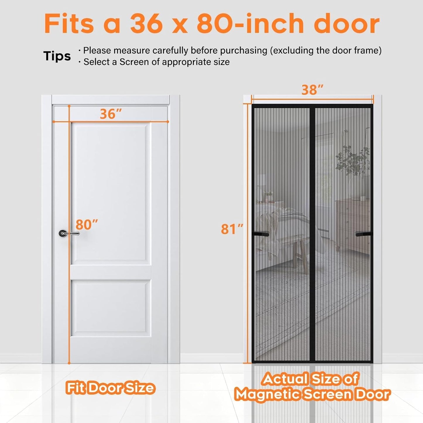 Magnetic Screen Door, Screen Door Mesh, Heavy-Duty Mesh Curtain, Door Net Keep Bugs Out, Hands Free Partition, Screen Size 38” × 83”, Fits 36” × 82” Doors, Pet & Kid Friendly, Black