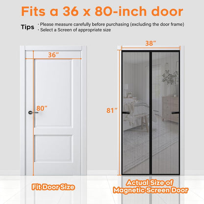 Magnetic Screen Door, Screen Door Mesh, Heavy-Duty Mesh Curtain, Door Net Keep Bugs Out, Hands Free Partition, Screen Size 38” × 83”, Fits 36” × 82” Doors, Pet & Kid Friendly, Black