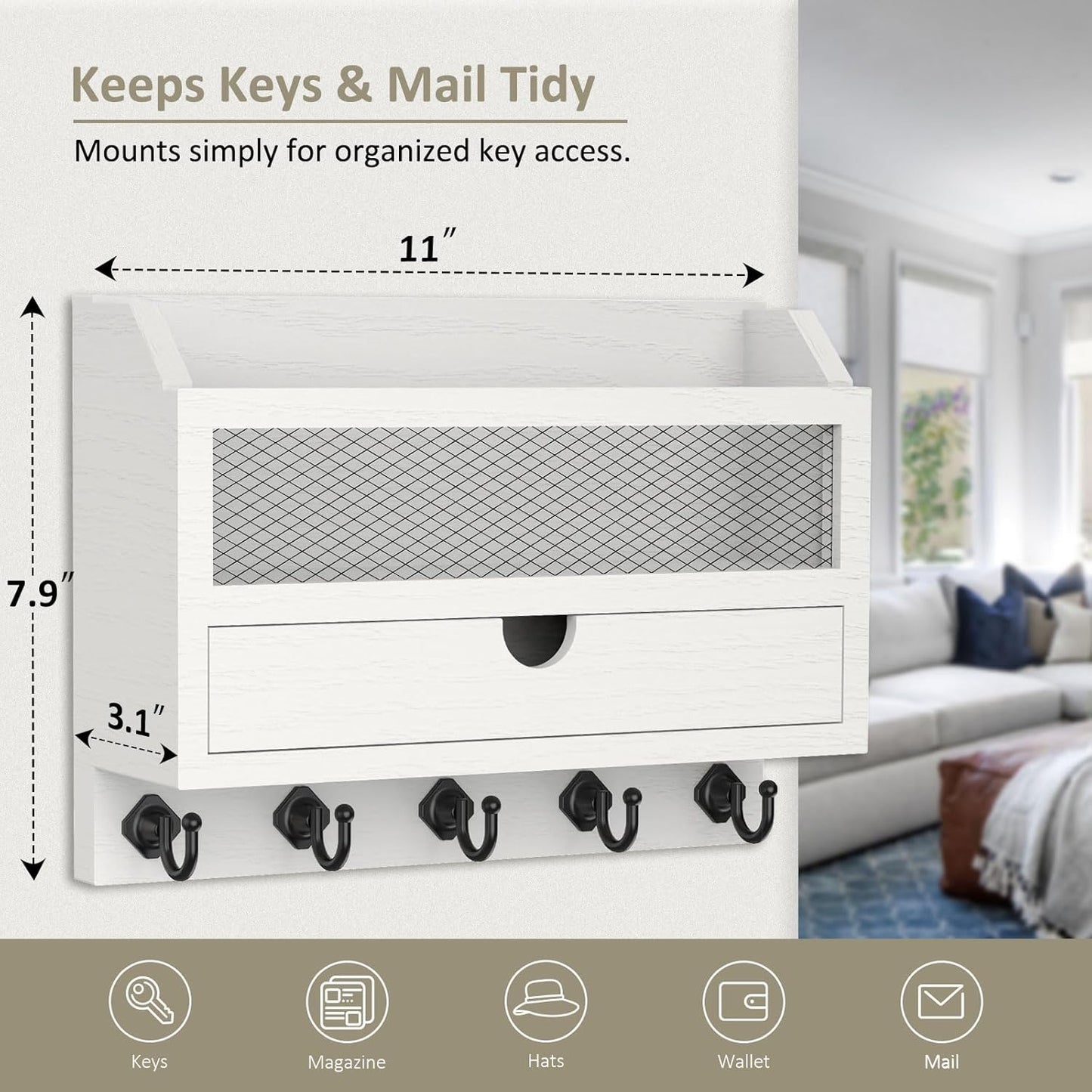 Nekon Key and Mail Holder for Wall, Key Organizer with 5 Hooks & Storage Drawer, 11" W x 7.9" H x 3.1" D Wooden Key Rack for Entryway and Home Decor (Black)