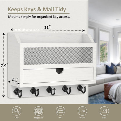 Nekon Key and Mail Holder for Wall, Key Organizer with 5 Hooks & Storage Drawer, 11" W x 7.9" H x 3.1" D Wooden Key Rack for Entryway and Home Decor (Black)