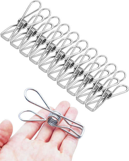 Large Stainless Steel Clothes Pins - Heavy Duty and Multipurpose Metal Clips for Hanging Clothes and Food Packages 10pcs, 3.17-inch