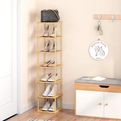 MHXW SXPN Bamboo Free Standing Shoe Rack Shelf Multi Tier Tall Wooden Stackable Shoes Rack Organizer for Closet Front Door Entrance Narrow Vertical Shoe Storage (Nature, 7 Tiers)