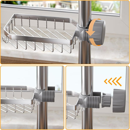 LONIN Stainless Steel Kitchen Sink Organizer Caddy – Over Faucet Sponge & Brush Holder, Rust-Resistant, Adjustable Universal Fit Faucet Rack, Quick Drain Sink Space Saver