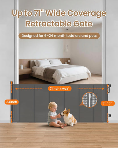 Retractable Baby Gate, 55" Wide Reinforced Mesh Baby Gate with 4 Fiberglass Support Rods for a Tighter Fit, 34" Tall Retractable Dog Gate for Stairways, Hallways and Doorways, Black