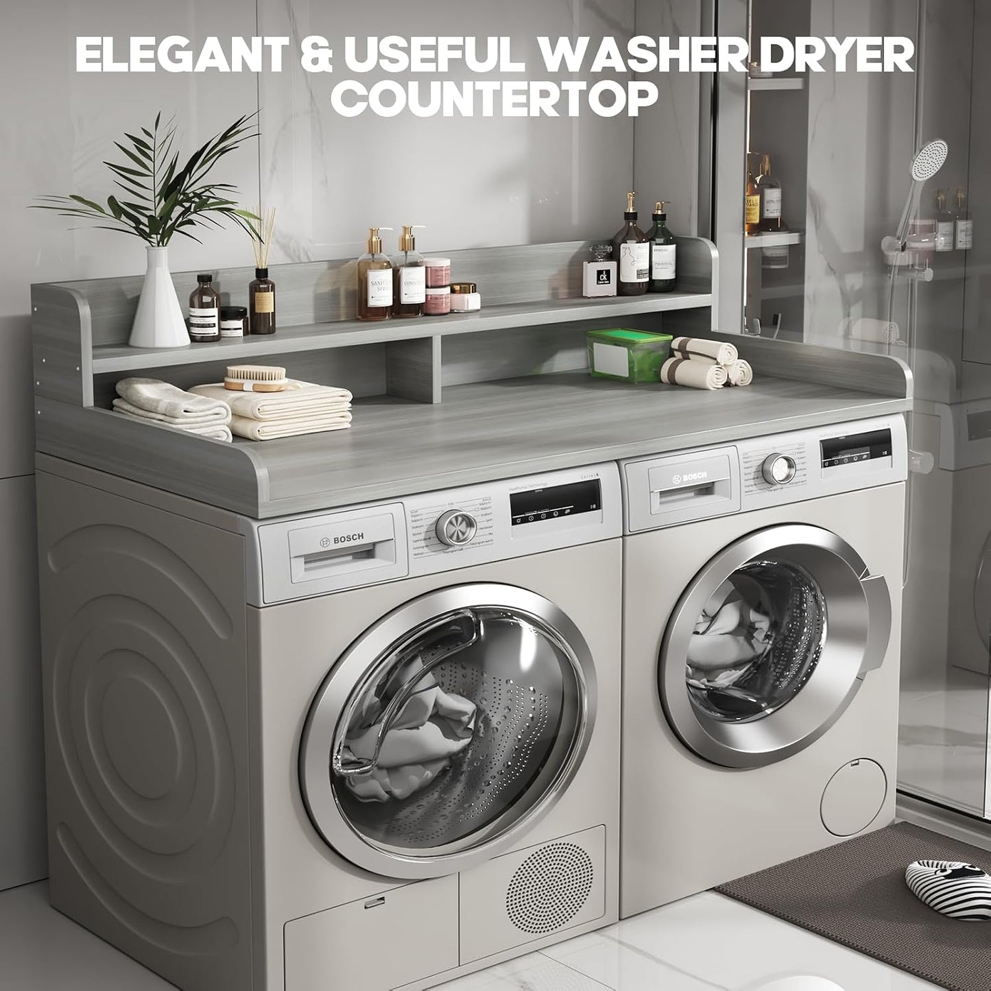 2-Tier Washer and Dryer Countertop with 2.75" H Guard,54" W x 27.5" D Laundry Countertop Cover with Non-Slip Pad,Large Space Laundry Topper for Folding Clothes Over Washer and Dryer-White
