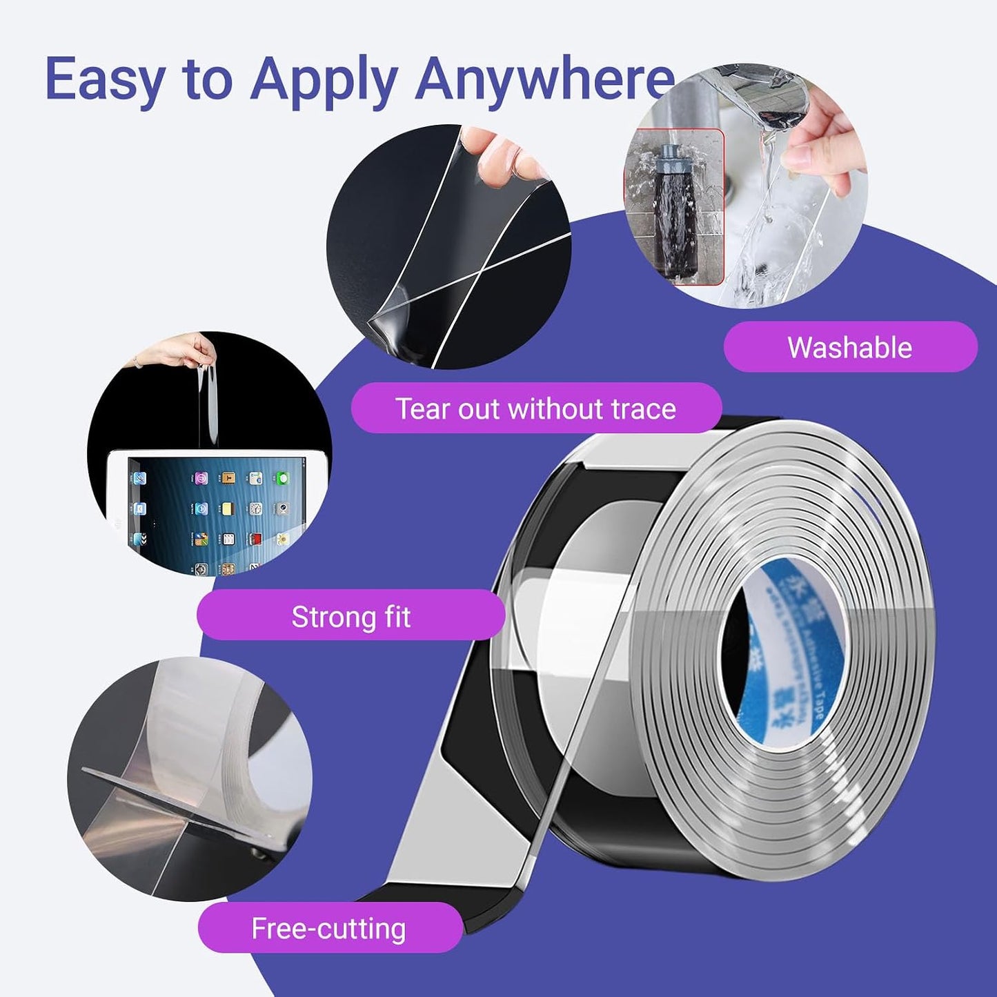 Extra Wide Nano Double Sided Tape - Removable Washable Adhesive for Walls, Home, Tiles, Glass, Mirror - No Residue Heavy Duty Sticky Tape (3 Roll) (0.8 in + 1.2 in)