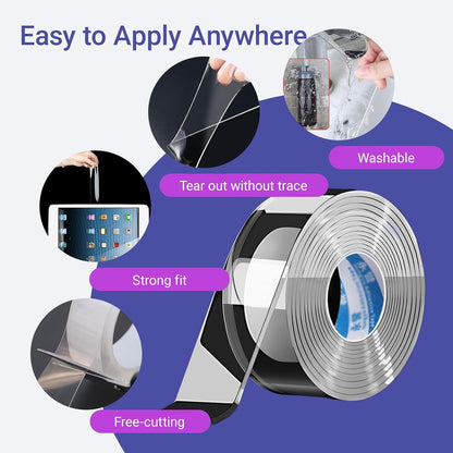 Extra Wide Nano Double Sided Tape - Removable Washable Adhesive for Walls, Home, Tiles, Glass, Mirror - No Residue Heavy Duty Sticky Tape (3 Roll) (0.8 in + 1.2 in)