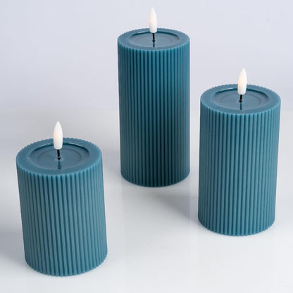 Fluted Ribbed LED Pillar Candles, Cream Beige, with Reflective Melted-Wax Effect – Flickering Flame, Remote, Dimmable, Flameless, Battery Operated, Home & Wedding Decor (Set of 3)