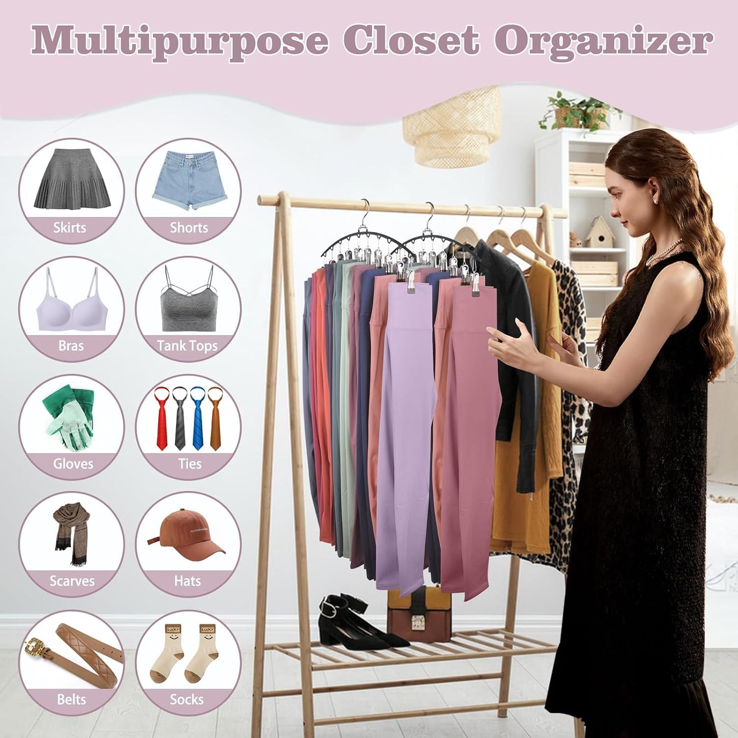 Legging Organizer for Closet 360° Swivel, Metal Yoga Pants Hanger 2 Pack w/10 Clips Holds 20 Leggings, Space Saving Hanger Closet Organizers and Storage, Pants Hangers for Pants, Skirts, Hats (Black)