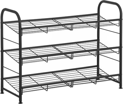 SONGMICS Stackable Shoe Rack, 4 Tier Metal Shoes Rack Storage Shelf, Holds up to 16 Pairs Shoes, Adjustable Slanted Shelves Shoe Tower Organizer for Closet Entryway Small Spaces, Black