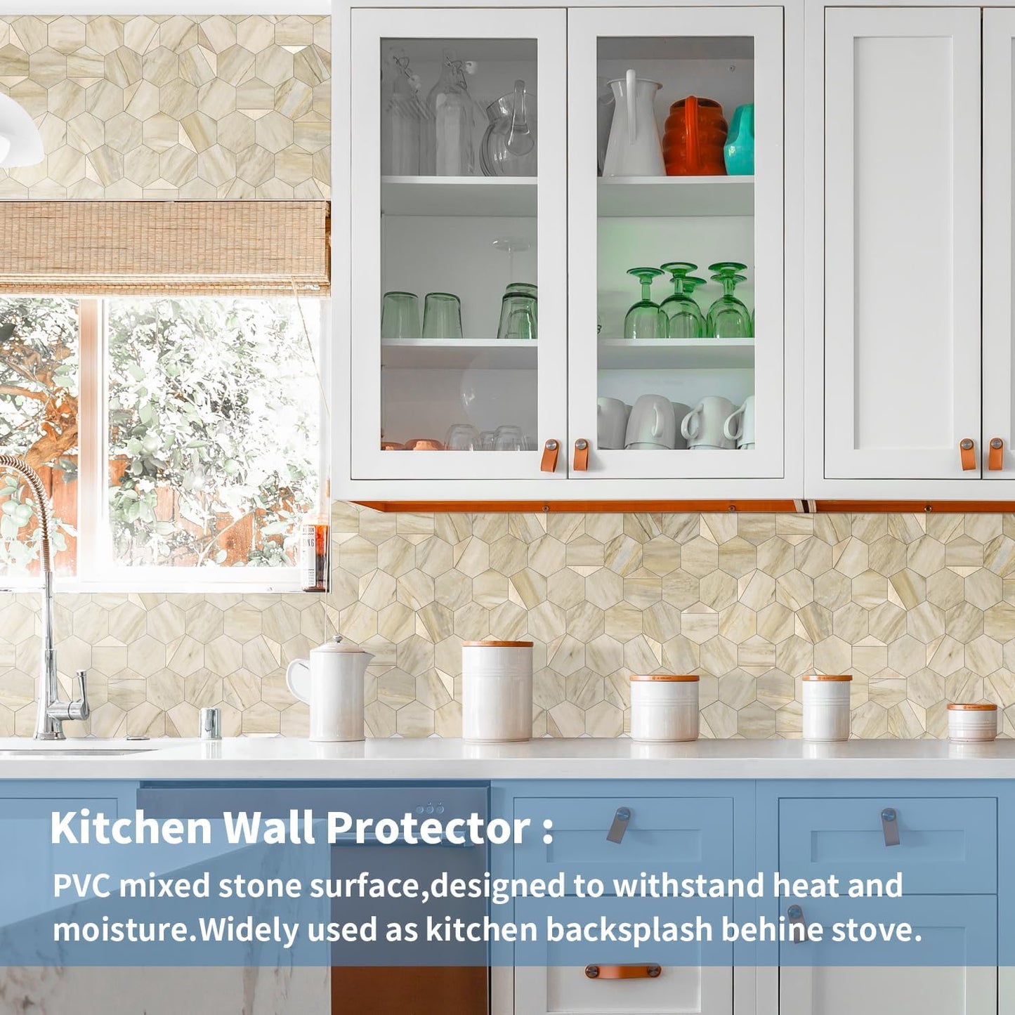10-Sheet Heavy-Duty Hexagon Peel and Stick Backsplash, Thick Waterproof &Heat Resistant Stick on Wall Tiles, Slate Beige Mosaic for Kitchen & Bathroom, Strong Adhesive Permanent PVC Tiles