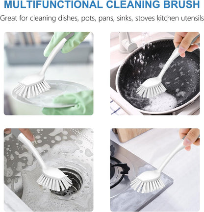 SetSail Dish Brush with Handle, 2 Pack Stiff Bristles Dish Scrubber with Built-in Scraper Dish Scrub Brushes for Cleaning Dishes, Pots and Pans, Kitchen Sink