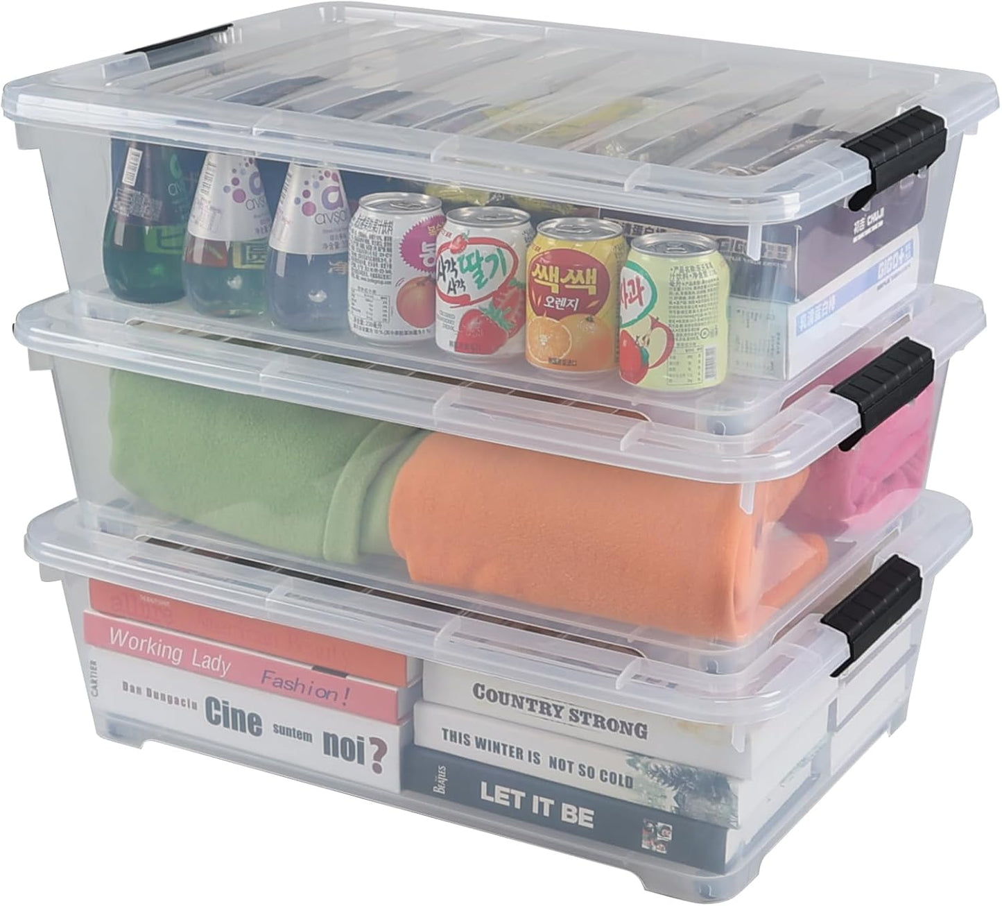Gloreen 3 Pack Large Under Bed Storage Boxes with Wheels, 50 Quart Clear Plastic Lidded Storage Bins