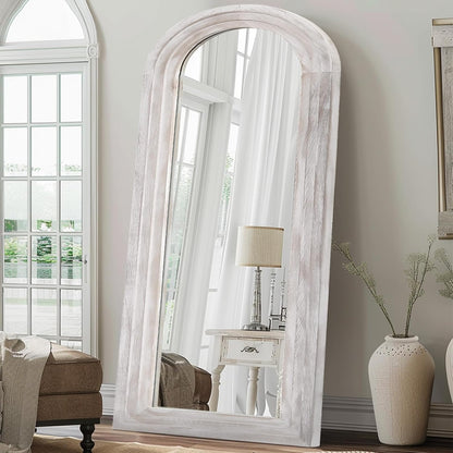 ZHUNFA Arched Full Length Mirror with Solid Wood Frame | 65x22 Farmhouse Wall Mirror Full Length with Stand, Vertical Hanging, Leaning Standing for Bedroom,Living Room, Rustic White