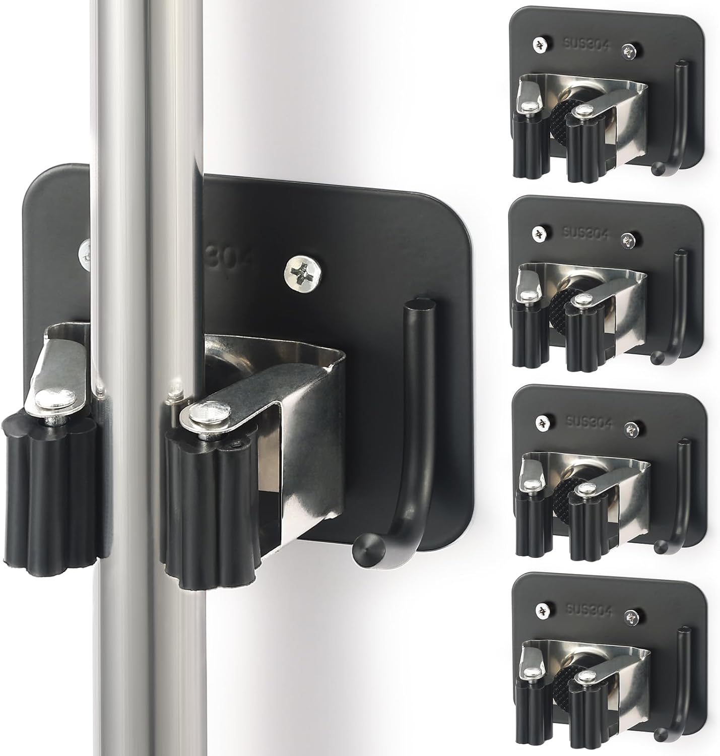 Stainless Steel Broom Holder, Heavy Duty, Rust Resistant, 4 Gripper Positions with 4 Hooks, Black