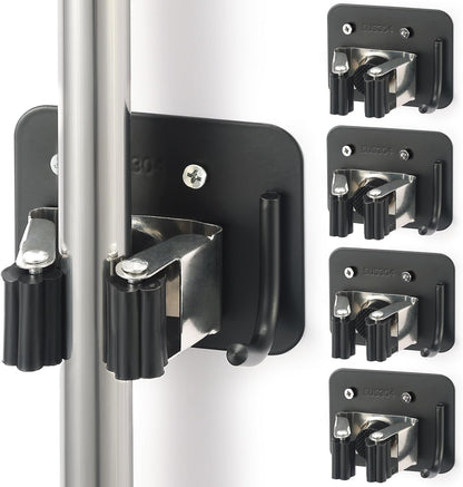 Stainless Steel Broom Holder, Heavy Duty, Rust Resistant, 4 Gripper Positions with 4 Hooks, Black