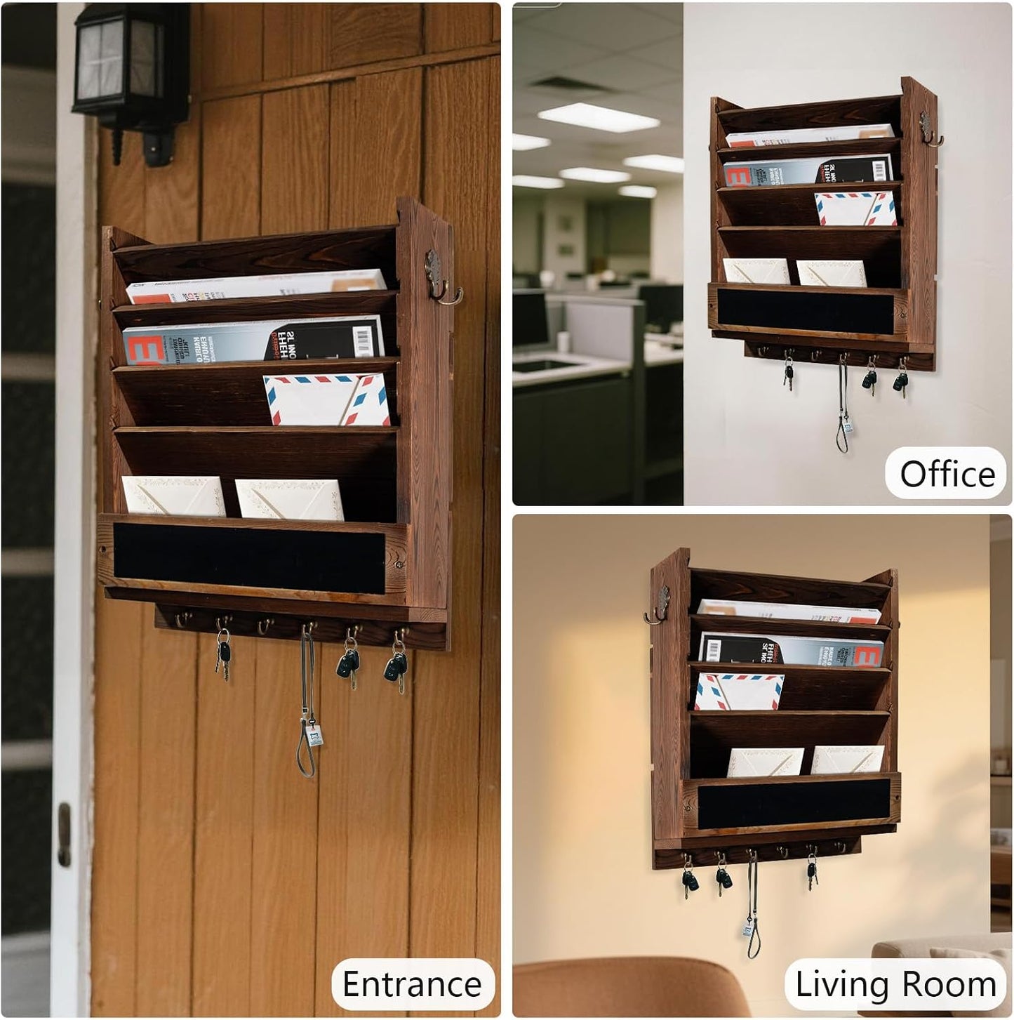 Rustic wall mail organizer,Key and Mail File Holder for Wall Mount，with 6 Key Hooks 2 Double Key Hooks A blackboard,for Home,Office, Classroom,Entryway Decor (brown)