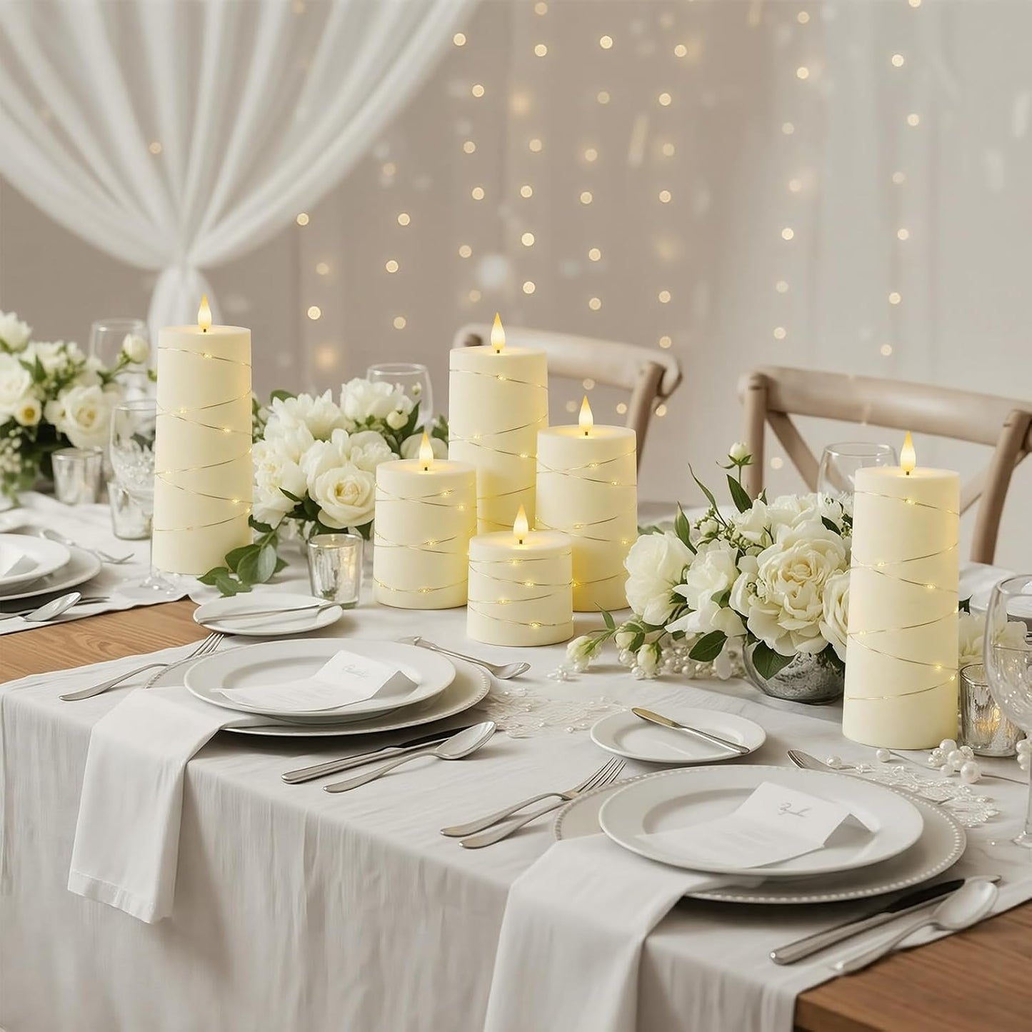 Raycare Flameless Candles with Remote Timer, Flickering Battery Operated LED Pillar Fake Candle with String Lights for Home Decor, Christmas, Wedding and Gift, White, Set of 3