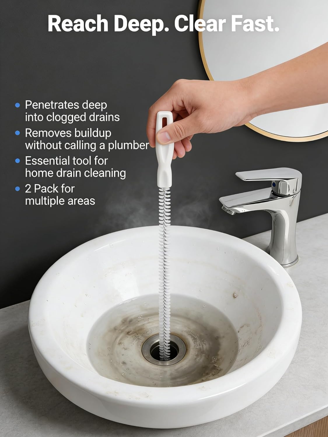Drain Cleaning Brush, 2-Pack Flexible Pipe Cleaner Tool for Sink Shower and Bathtub Drain, Long Hair and Debris Remover Snake with Handle and Hook, Reusable Clog Removal Accessory