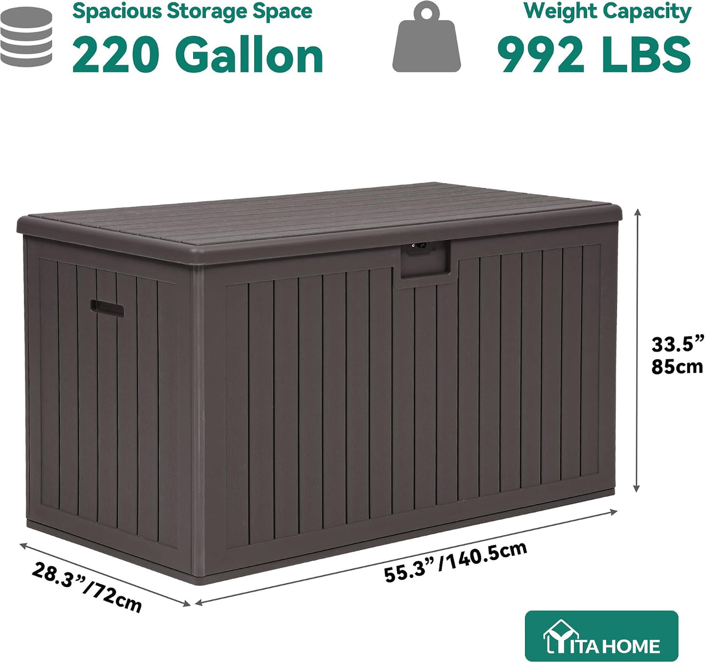 YITAHOME 100 Gallon Large Outdoor Deck Box | Waterproof Resin Storage Box, Lockable Indoor Outdoor Storage Container for Patio Furniture Cushions, Pool Accessories