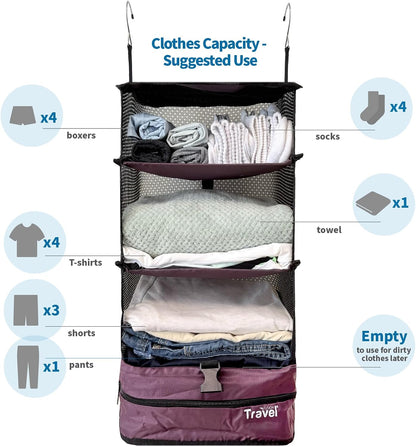 Grand Fusion Stow-N-Go Hanging Travel Shelves, Packing Organizer for Luggage. Carry on Closet for Suitcase. Expandable Packing Cube. Travel Essentials. (Black - L, L = (L) 11.8" x (W) 11.8")