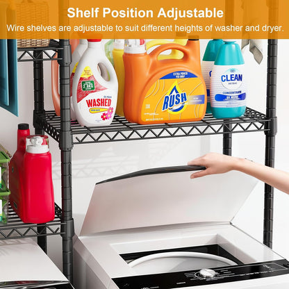 ULIFHOME U14 Over Washer and Dryer Storage Shelves, 4 Tiers Laundry Room Storage and Organizer System, Space Saving Clothes Drying Rack with 2 Clothes Hanger Rods, 66.5" W x 20.5" D x 77.4" H, Black
