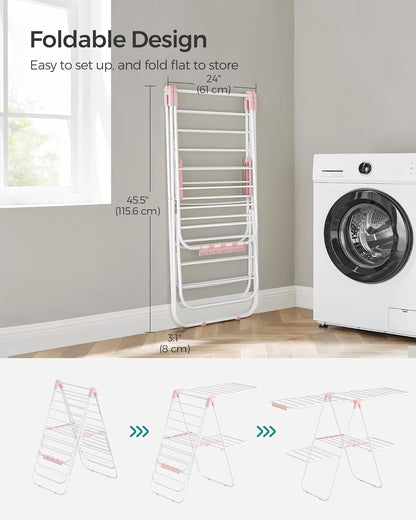 SONGMICS Clothes Drying Rack, with Sock Clips, Metal Laundry Rack, Foldable, Space-Saving, Free-Standing Airer, with 2 Height-Adjustable Gullwings, Indoor Outdoor Use, Gray ULLR052G01