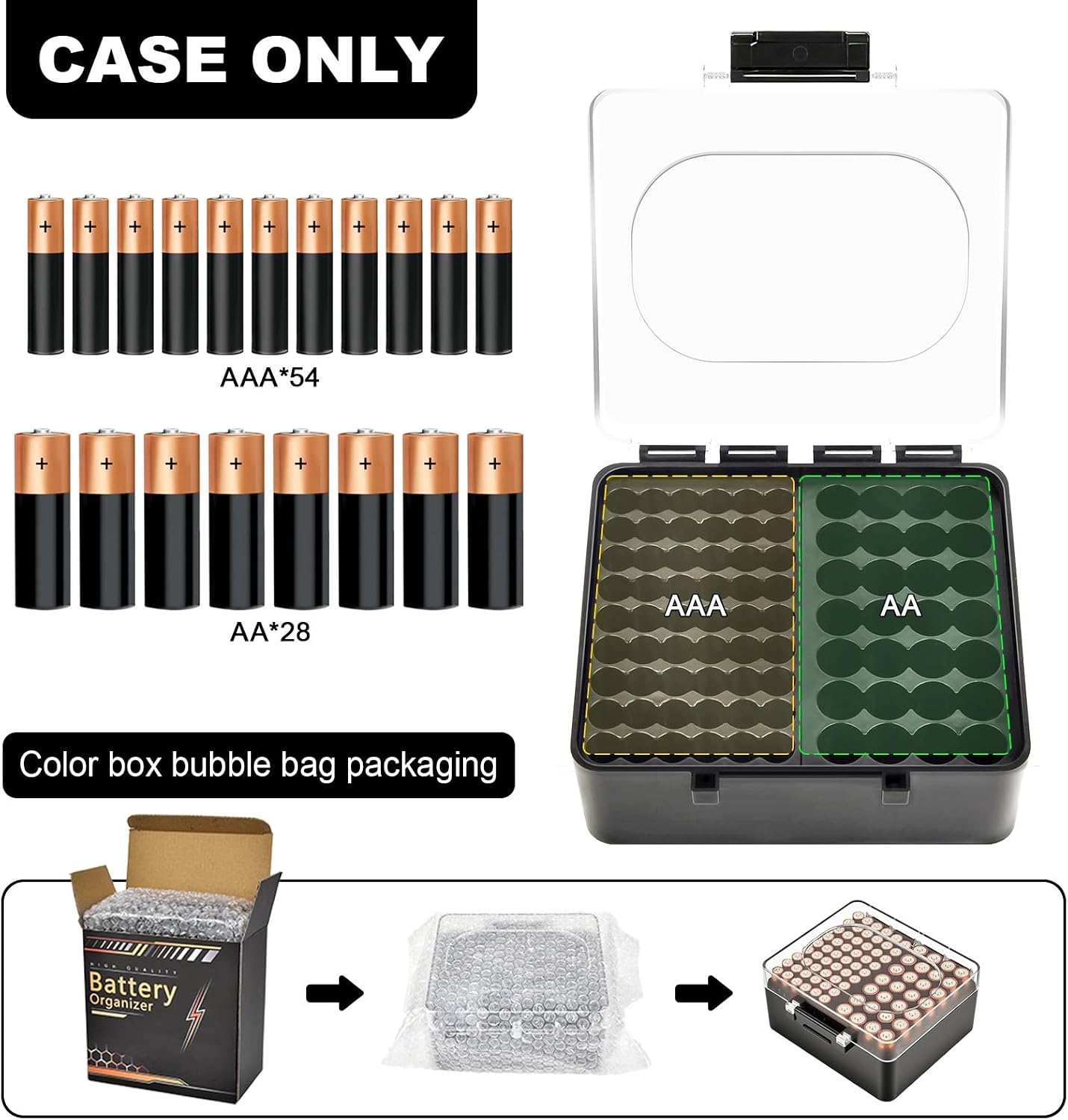 FULLCASE Plastic Battery Organizer with Tester, Battery Storage Case for AA AAA C D 9V Batteries, Portable Battery Holder Box for Home, Travel & Emergency Kits(Case Only) Black