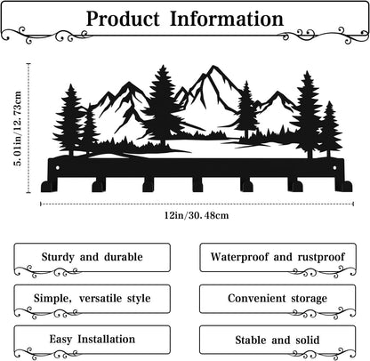 Key Holder Wall Mounted Key Hooks, Black Metal Key Rack Hooks, The Great Grove, Mountain Theme Wall Decoration Hooks, with 7 Hooks, Applicable to Front Doors, Lobby,Corridor, Offices (12 ")