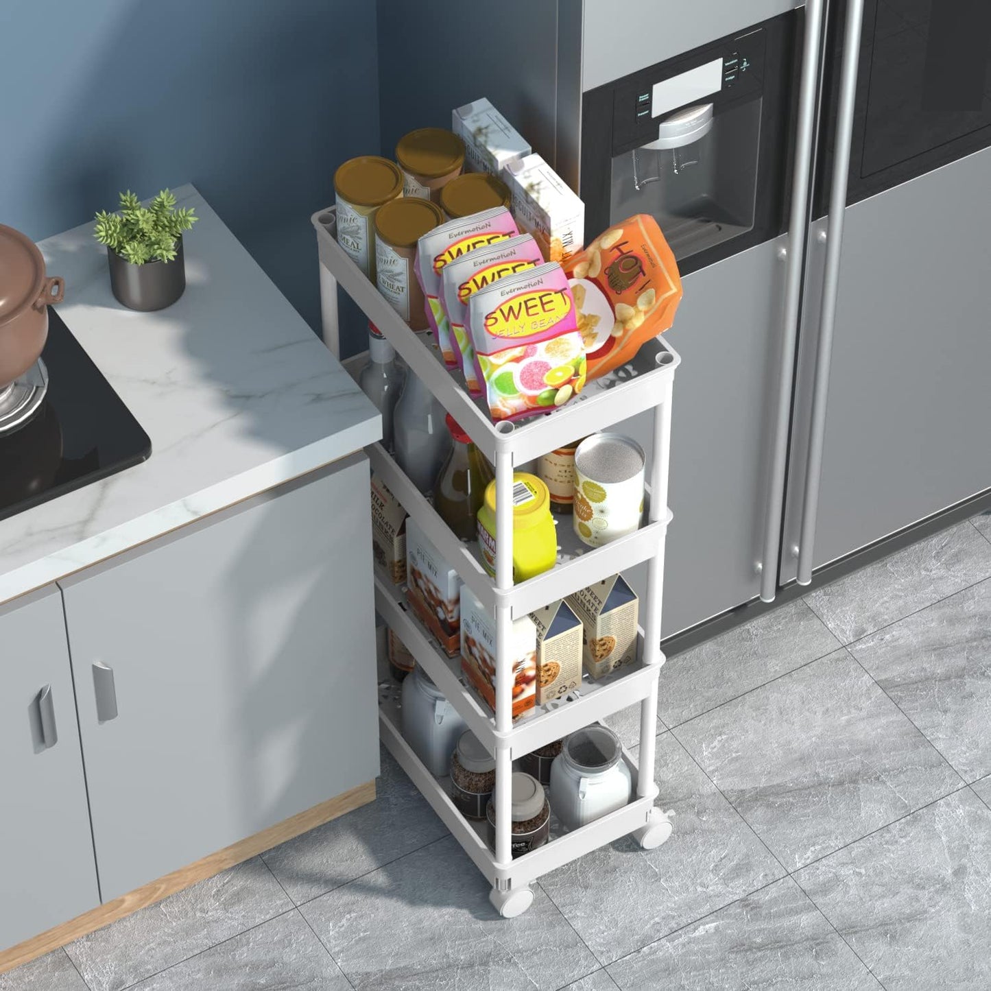 Sooyee 3 Tier Rolling Cart with Wheels, Slim Storage Cart, Under Desk Narrow Rolling Utility Cart Storage Organizer for Office Bathroom Kitchen Laundry Room Narrow Places, White, Plastic and Metal