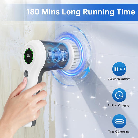 PUFTEM Electric Spin Scrubber, Cordless Shower Scrubber with Battery Level Display, 2 Speeds Electric Scrubber for Cleaning with 6 Replaceable Heads, Cleaning Brush for Bathroom/Sink/Window