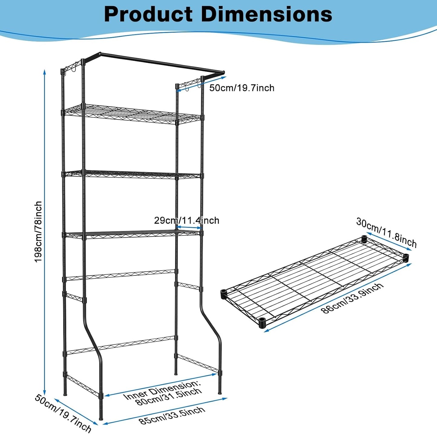 3 Tier Over Washer Dryer Storage Shelf, Carbon Steel Adjustable Height Laundry Organizer with Hooks Hanging Rod Anti-Tip for Laundry Room Black
