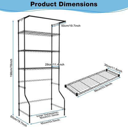 3 Tier Over Washer Dryer Storage Shelf, Carbon Steel Adjustable Height Laundry Organizer with Hooks Hanging Rod Anti-Tip for Laundry Room Black