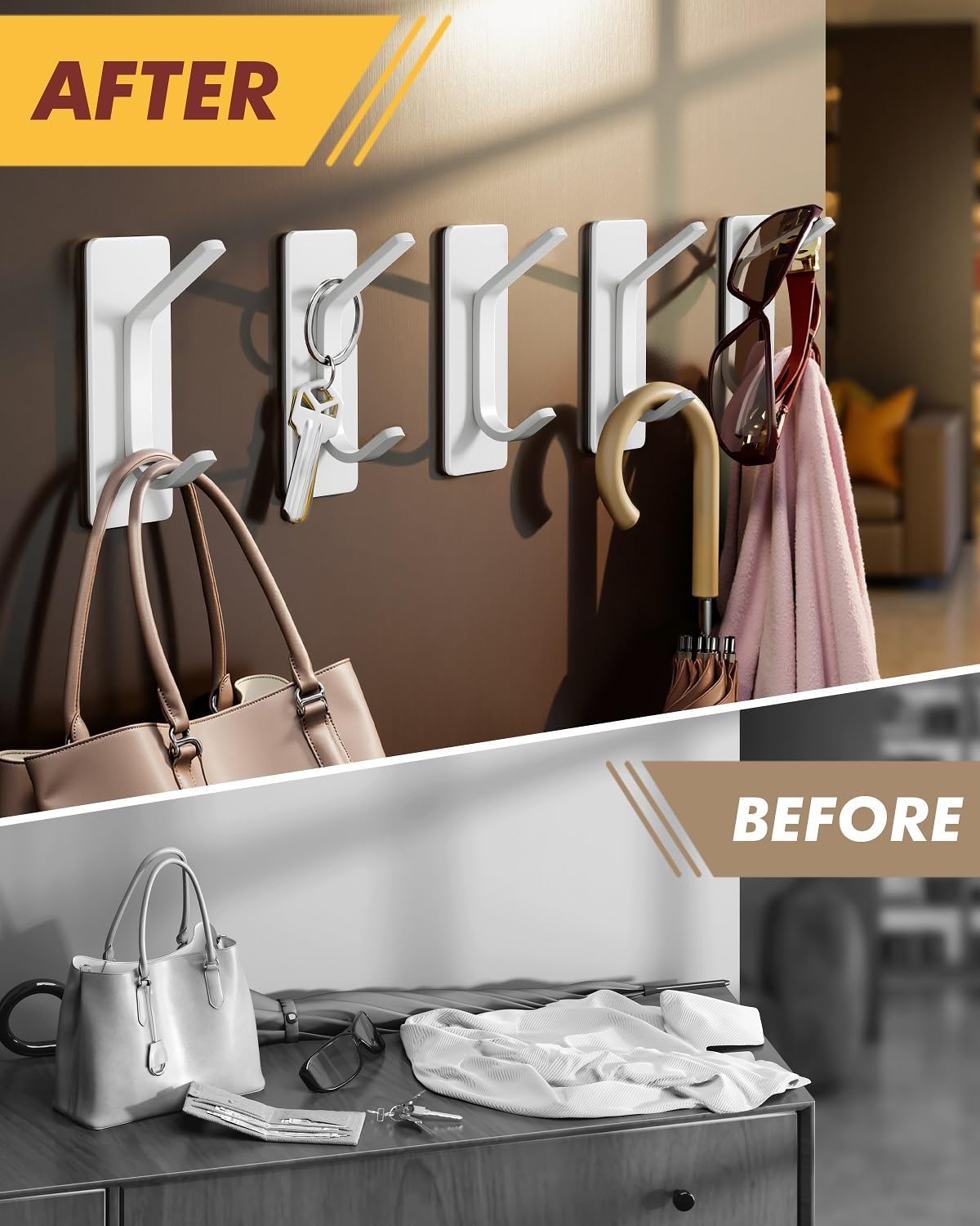 Auxmir Self Adhesive Hooks 15lbs Heavy Duty, 5 Pack Stainless Steel Wall Hooks for Coat Towel Robe, Waterproof Rustproof Oilproof, No Drill Door Hanger for Bathroom Shower Kitchen Office RV, Silver