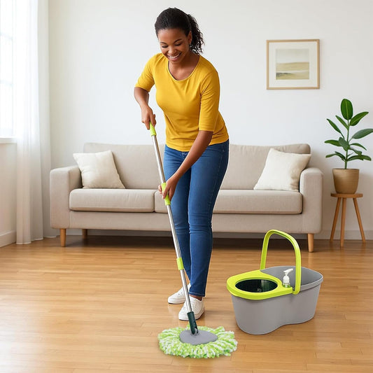 Pine-Sol Spin Mop and Bucket Set - Microfiber Mop Head with Extendable Handle and Easy Wring Bucket - Multi Surface Floor Cleaning System for Wet Mopping