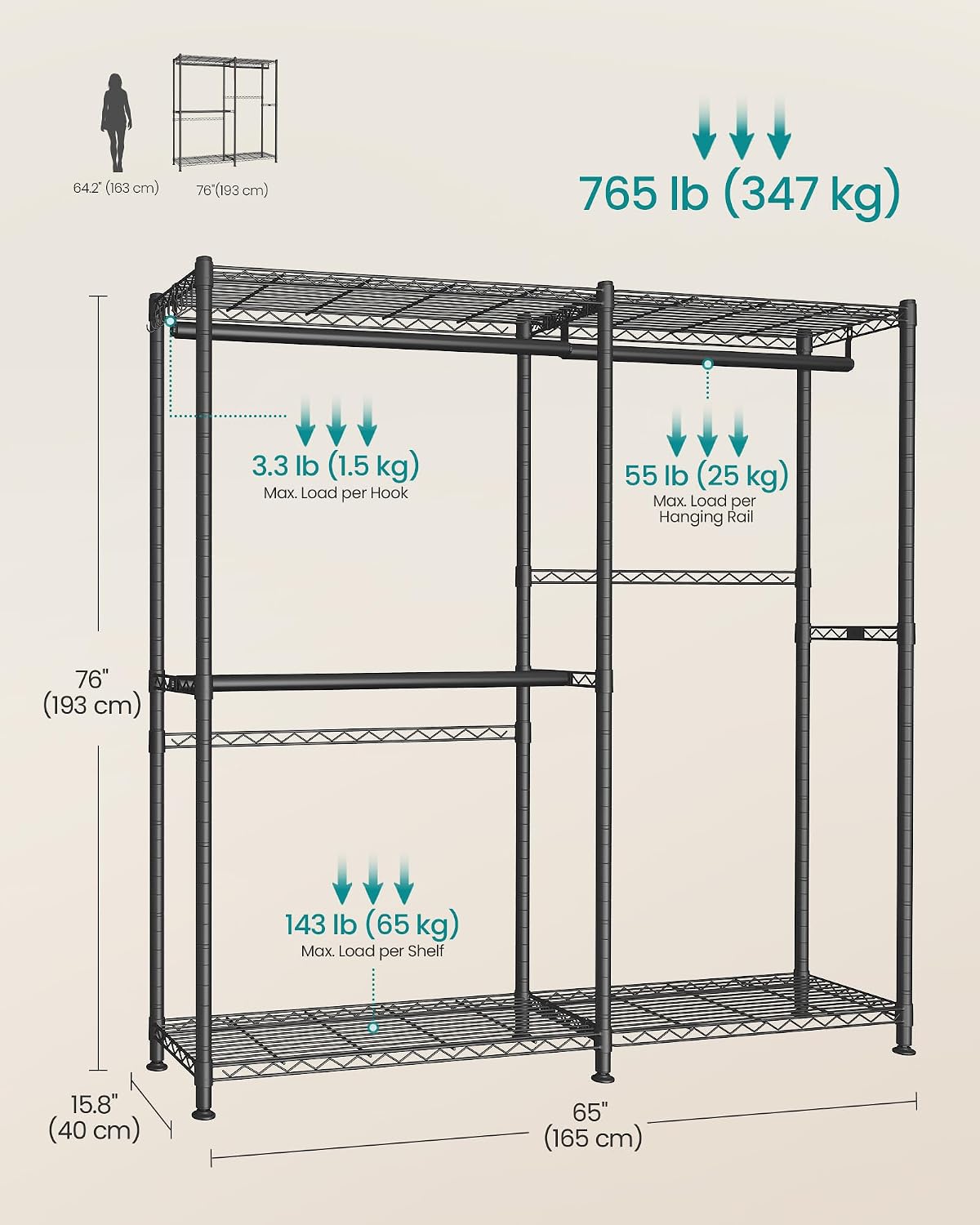 SONGMICS Heavy-Duty Clothes Rack, Garment Rack, Portable Closet, 68.7-Inch Wide Clothing Rack with Adjustable Mesh Shelves and Hanging Rails, Ink Black ULGR433B01