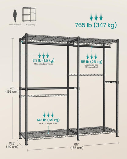 SONGMICS Heavy-Duty Clothes Rack, Garment Rack, Portable Closet, 68.7-Inch Wide Clothing Rack with Adjustable Mesh Shelves and Hanging Rails, Ink Black ULGR433B01