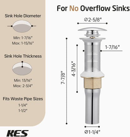 KES All Metal Bathroom Sink Drain with Strainer Basket Hair Catcher Anti Clog Pop Up Drain Stopper for Vanity Vessel Sink with Overflow, Rustproof 18/8 Stainless Steel Polished Chrome S2013A-CH