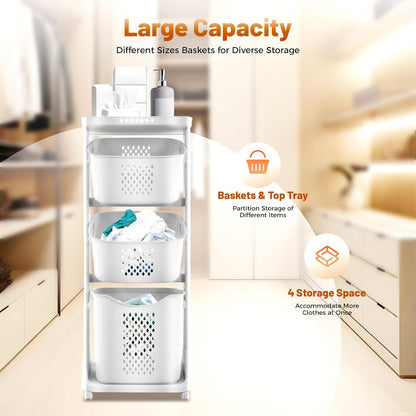 Rolling Laundry Basket Hamper, Laundry Sorter Cart 3 Section on Wheels, Stackable Tiered Organizer Baskets Shelf Rack Storage w/Compartment for Bedrooms, Classrooms, Laundry Rooms