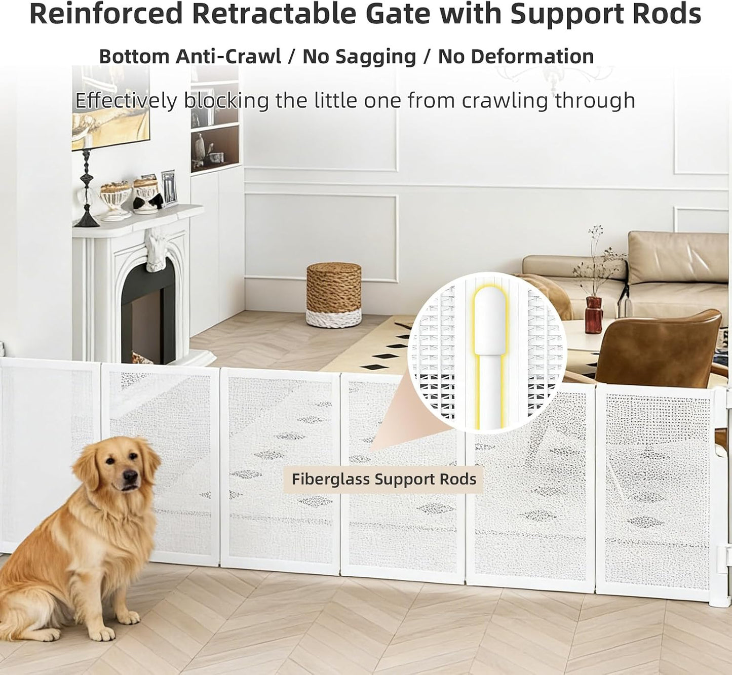 Retractable Baby Gate, 55 in Wide x 33 in Tall Mesh Dog Gate, Hardware Mounted Safety Gate with Double Lock for Doorways, Hallways, Indoor Outdoor, White