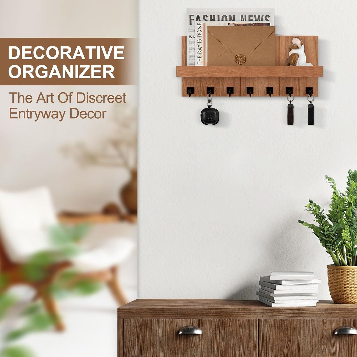 Key Holder for Wall, Decorative Key Holder with Shelf, Key and Mail Holder Wall Mount, Farmhouse Decor with 5 Key Hooks for Keys, Coats, ect.